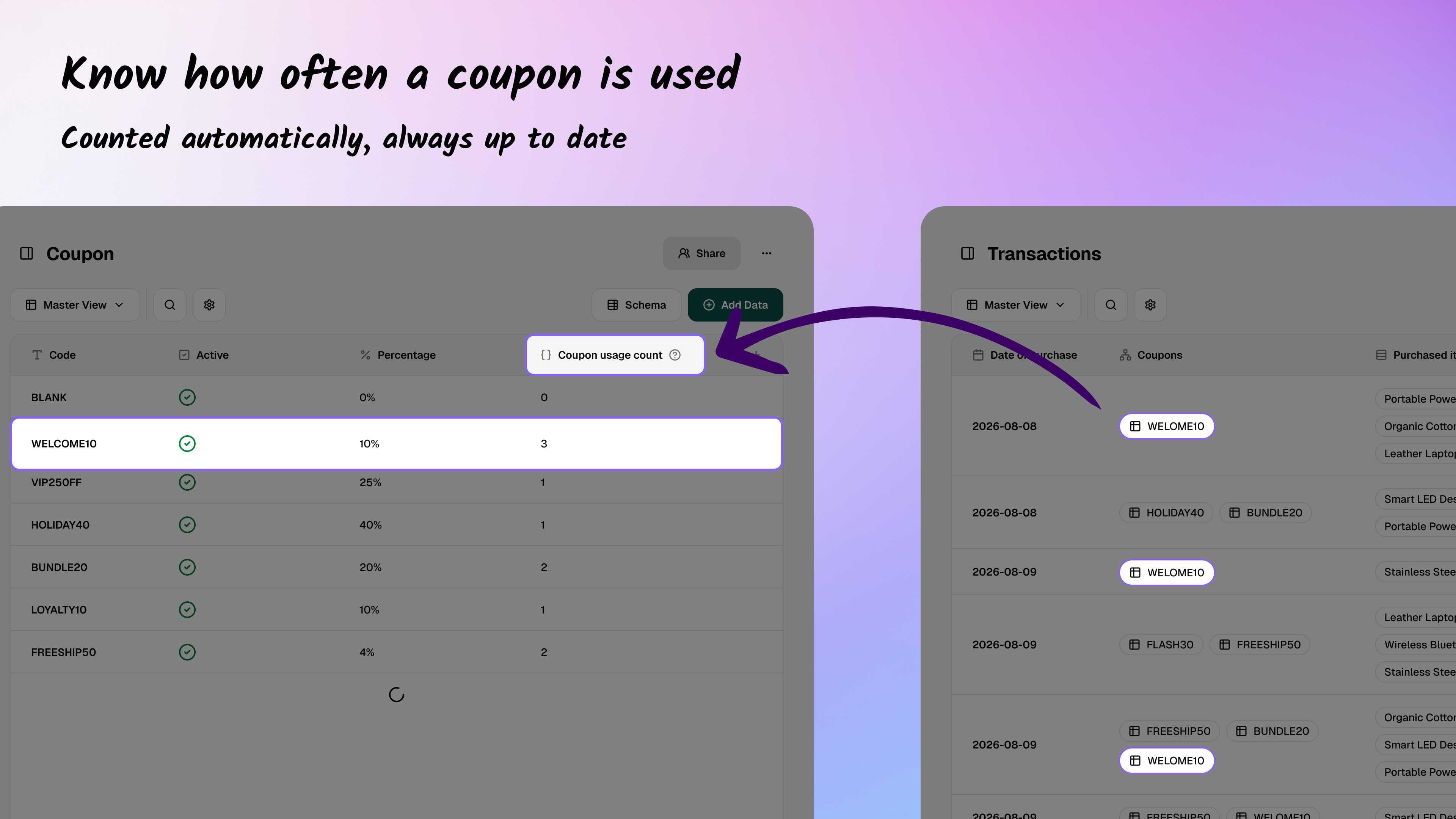 Automatic coupon usage counter calculated from linked records in Ambisius