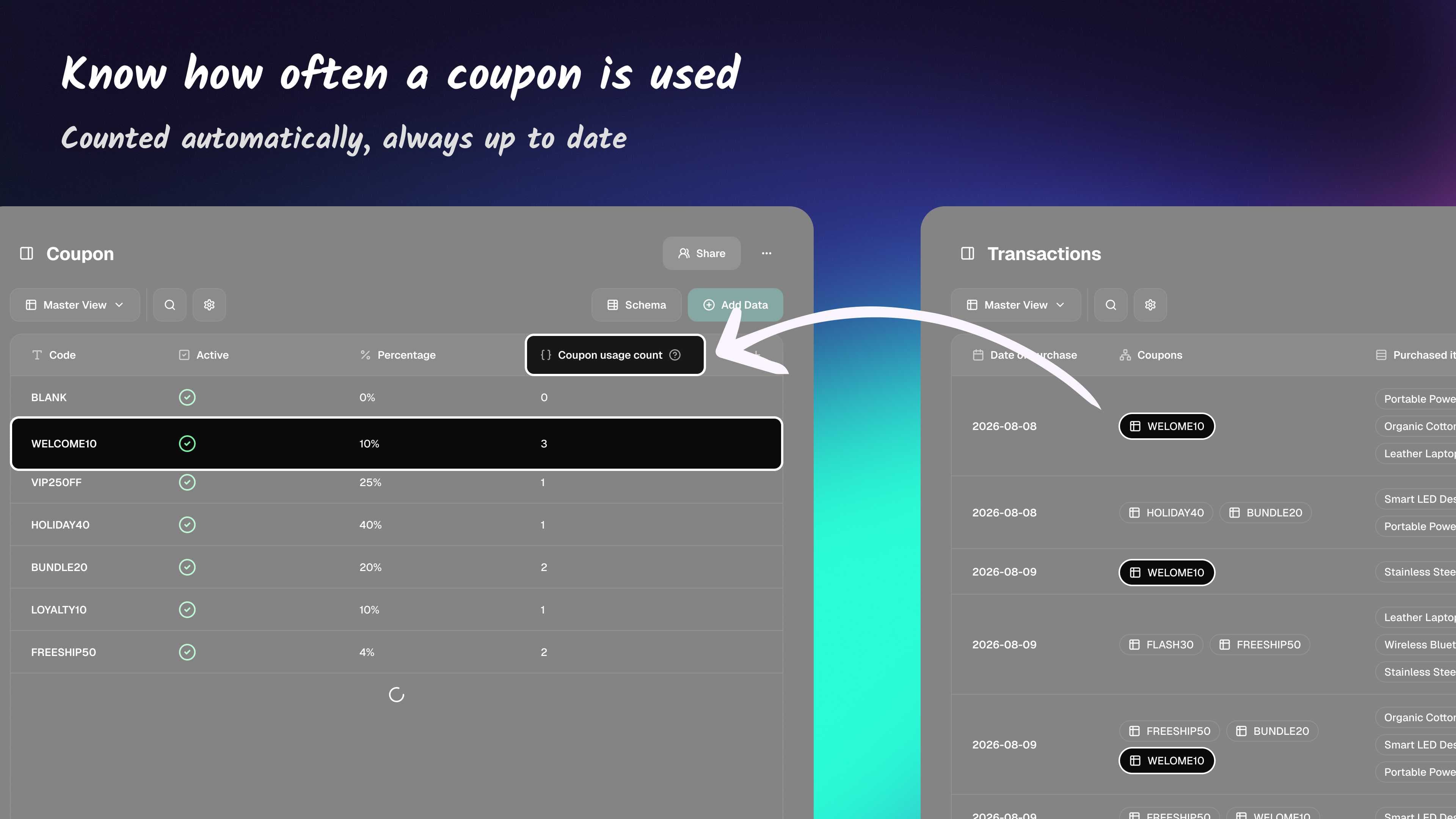 Automatic coupon usage counter calculated from linked records in Ambisius