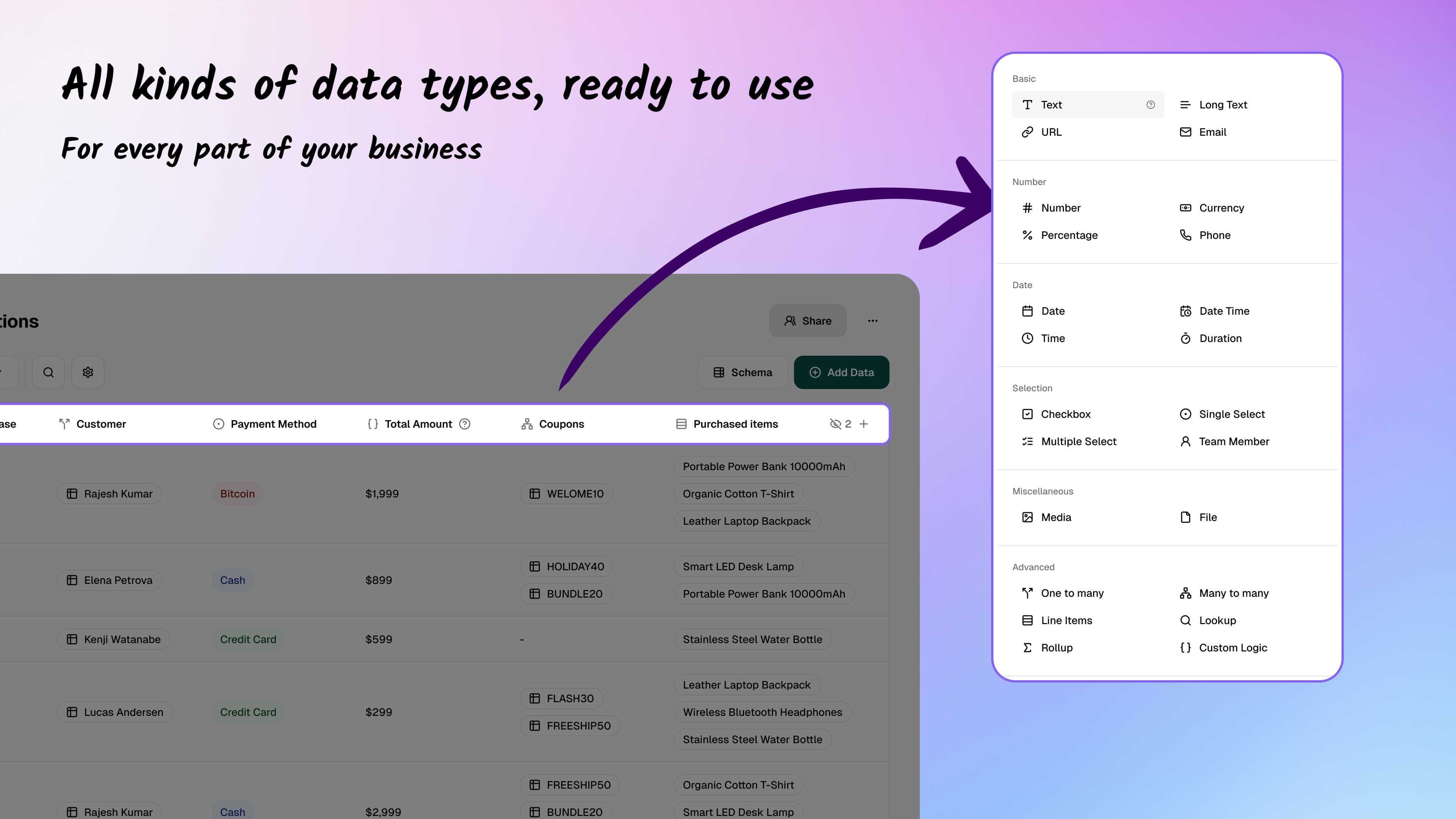 Complete range of ready-to-use data types available in Ambisius