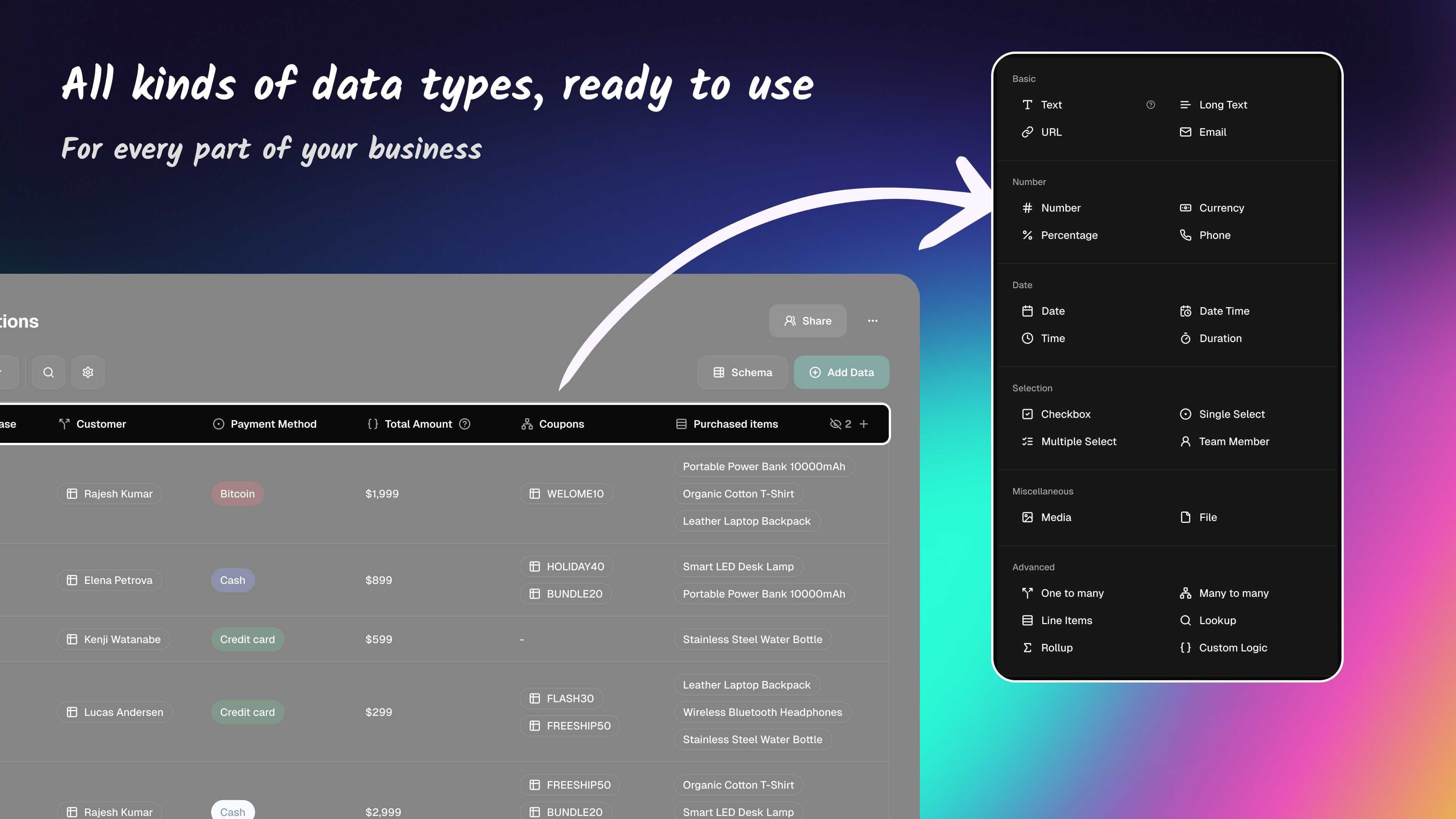 Complete range of ready-to-use data types available in Ambisius