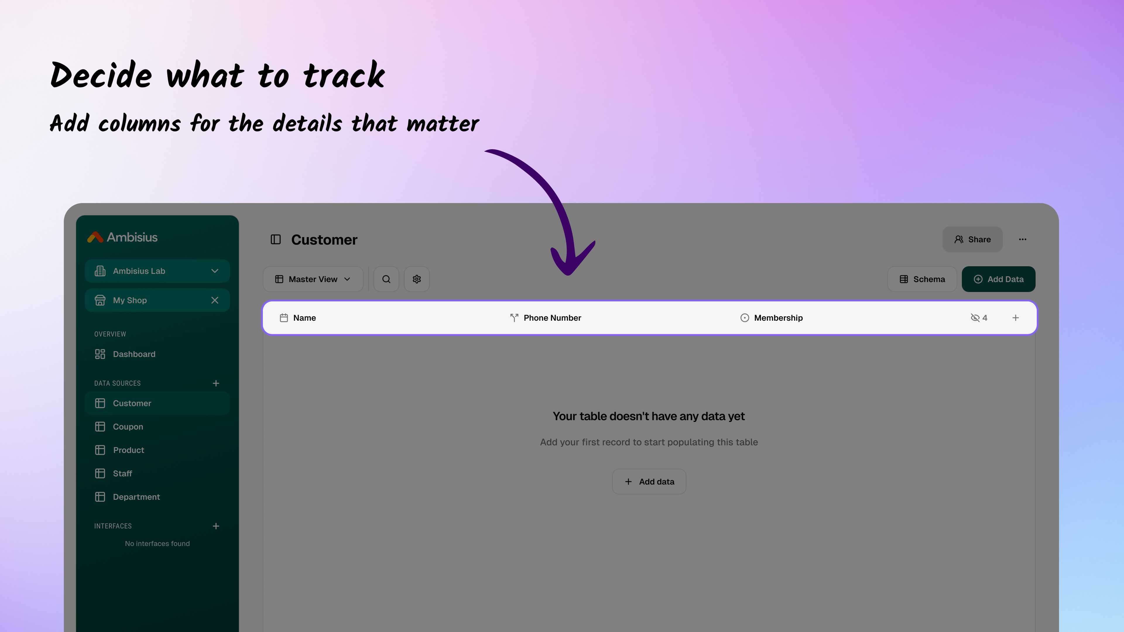 Setting up a new business data table in Ambisius spreadsheet-like interface