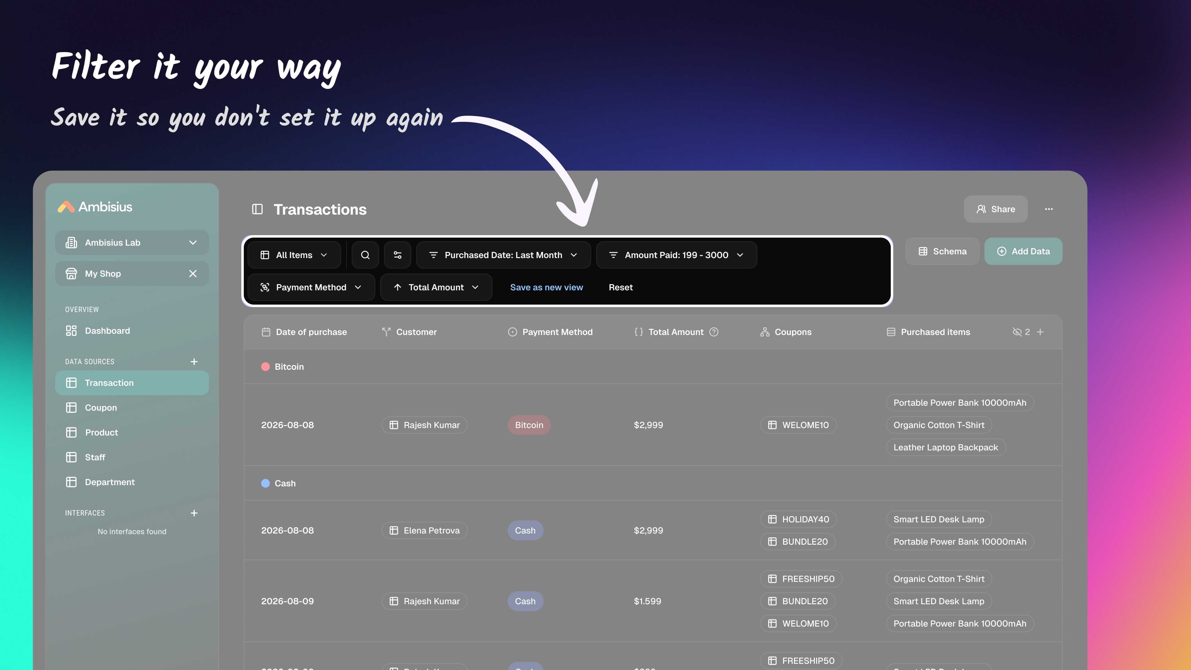 Custom filtered and grouped data view saved in Ambisius