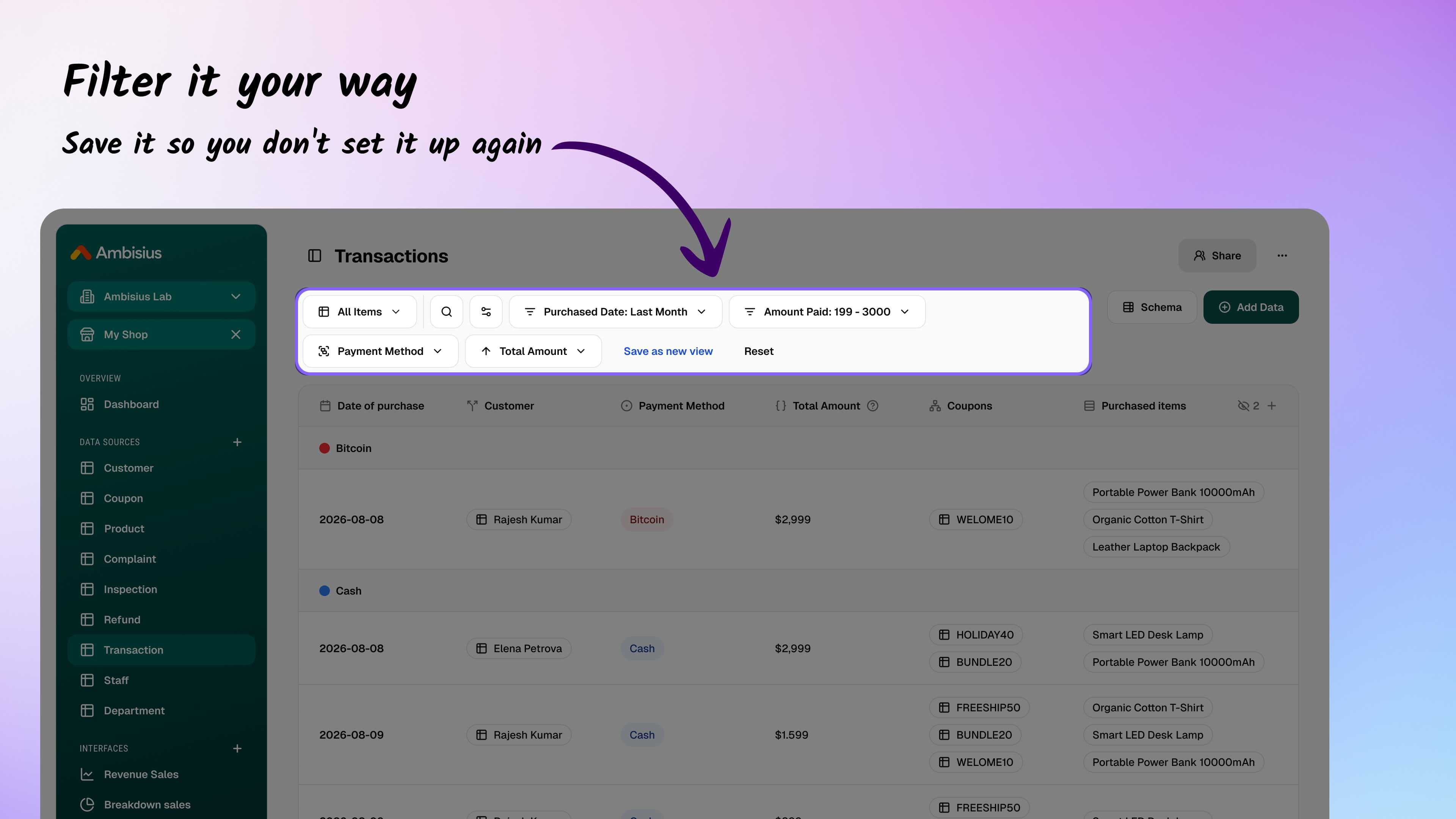 Custom filtered and grouped data view saved in Ambisius
