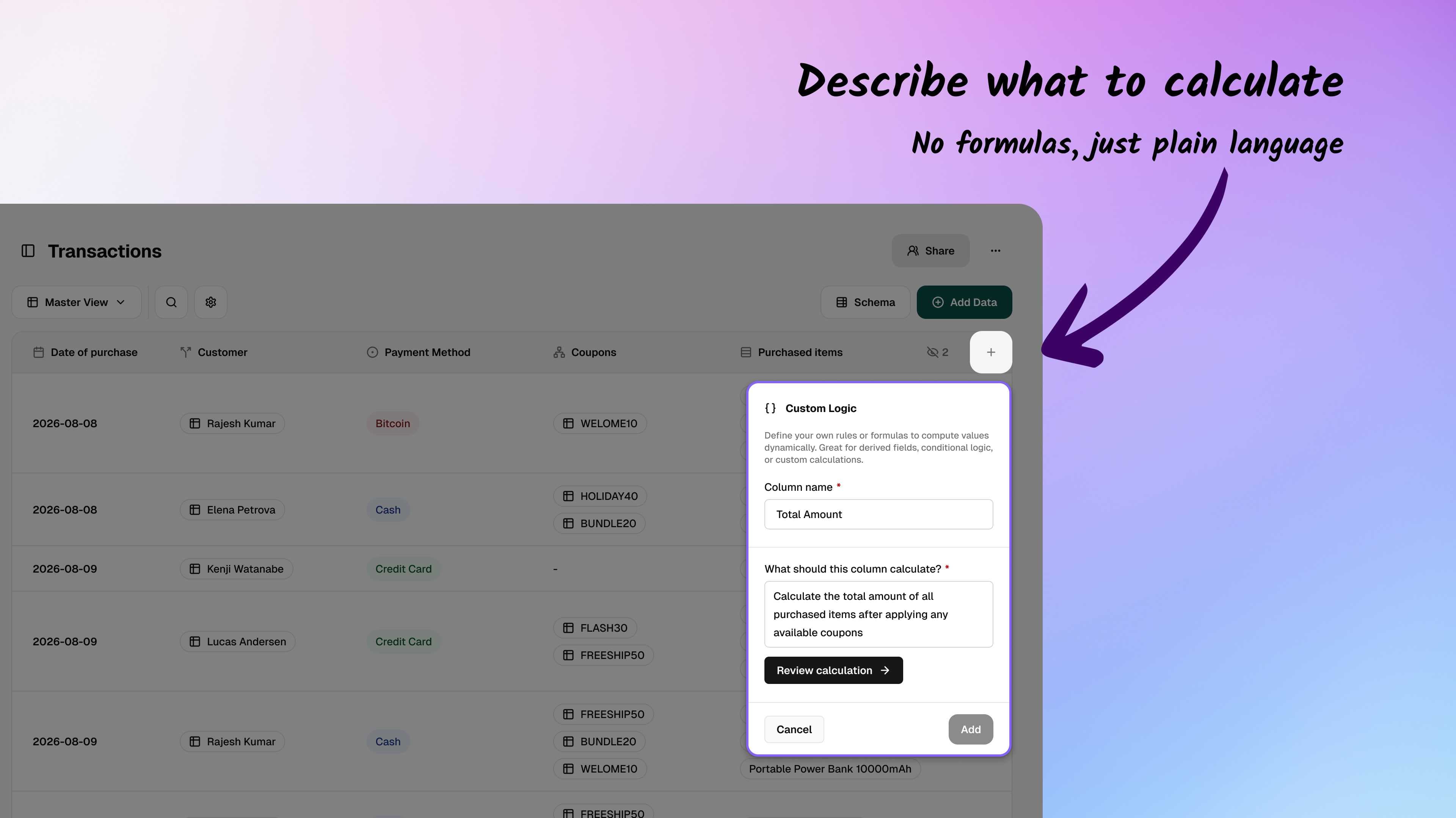 Automated calculation field set up using plain language in Ambisius